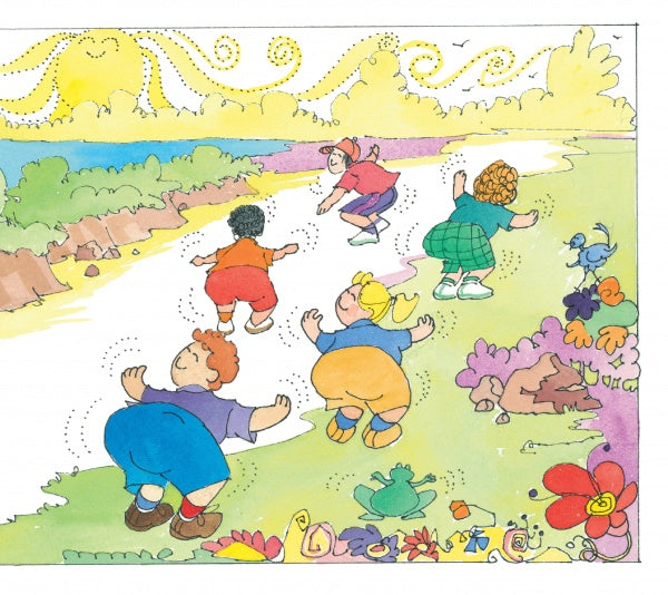 Five children hop along a colorful, winding path by a river, surrounded by flowers and animals under a sunny sky—just like a playful scene from "Busy Bodies" by Schiffer Publishing, Ltd.