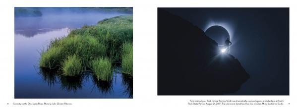 Left: Green marsh grass along the Deschutes River in soft blue light. Right: Silhouetted figure on rocks during a total solar eclipse under a dark sky. From Central Oregon by Schiffer Publishing, Ltd.