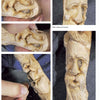 A collage of five photos shows hands using Tom Wolfe Carves Spirit Canes by Schiffer Publishing, Ltd. to carve expressive wooden eye corners, with close-ups revealing hand-tool detail from rough cuts to the finished sculpture.