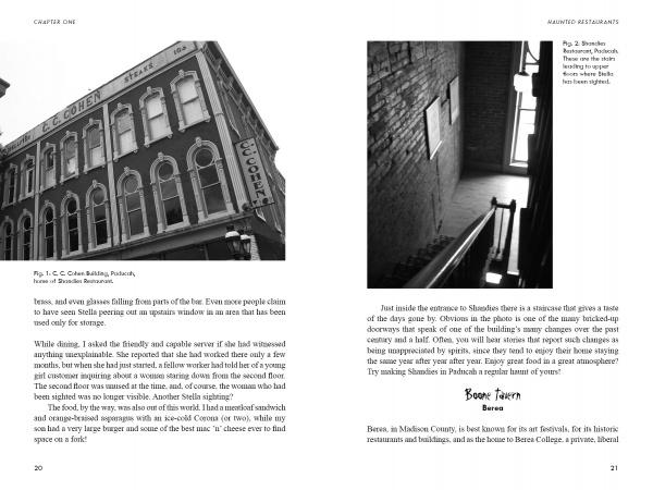 Two black-and-white photos from *Kentucky Haunts* by Schiffer Publishing, Ltd. show the historic “C.C. Cohen Restaurant” exterior and a sunlit, eerie stairwell—capturing the spirit of classic Kentucky ghost stories.