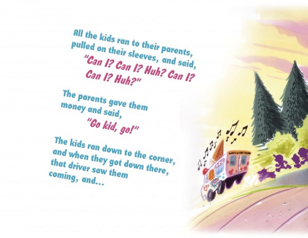 A cartoon of Big Billy and the Ice Cream Truck that Wouldn't Stop, from Schiffer Publishing, Ltd.—perfect for a children's book or early reader.