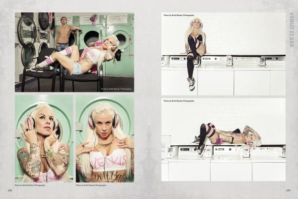 Four photos from Ink ’N Girls 2 by Schiffer Publishing, Ltd. show a tattooed woman with platinum blond hair in pink and white athletic wear posing at a laundromat, with a shirtless man flexing to highlight tattoo culture.
