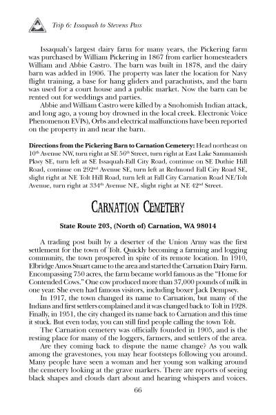 A page from Schiffer Publishing, Ltd.'s "Washington's Haunted Hotspots" details Issaquah’s Pickering Farm and Carnation Cemetery histories with directions; black text on white background and section headings.