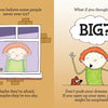 Inspired by Schiffer Publishing, Ltd.'s "squarzi": a child looks sadly out a window, then joyfully raises their arms with their dog, imagining the word BIG?—an uplifting scene encouraging kids to try new things.