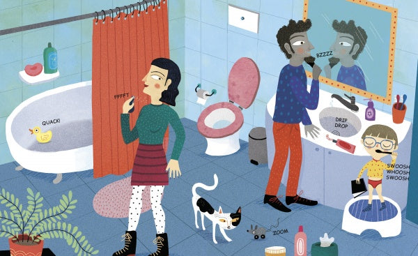 In "Shhh" by Schiffer Publishing, Ltd., a woman brushes teeth, a man shaves, a toddler uses a step stool to wash hands, while fun onomatopoeias capture the sounds. Even the cat and rubber duck join in this lively bathroom scene.