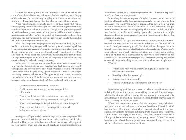 Two pages from "The Muse in You" by Schiffer Publishing, Ltd. cover self-reflection, mindfulness, and powerful questions for emotional well-being. The layout includes text blocks, bulleted lists, and teal section headings; no images are present.