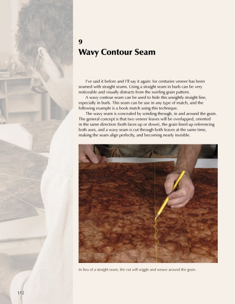 A person traces a wavy line on a wooden veneer panel with a yellow pencil, demonstrating veneering methods from "Advanced Veneering and Alternative Techniques" by Schiffer Publishing, Ltd., with woodworking tools and materials visible on the table.