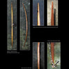 A collage of images from Schiffer Publishing, Ltd.'s "The Bow Builder's Book" showcases traditional longbow construction with full front and side views, close-ups of the ends, and detailed shots of the unique European-style grip.