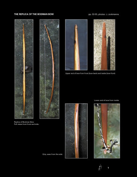 A collage of images from Schiffer Publishing, Ltd.'s "The Bow Builder's Book" showcases traditional longbow construction with full front and side views, close-ups of the ends, and detailed shots of the unique European-style grip.