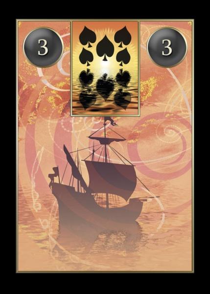 A Lenormand Cartomancy card by Schiffer Publishing, Ltd. displays the number 3 in circles, a sailing ship silhouette on water, and an inset of six spades reflected against a golden sunset.