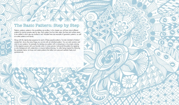 A blue and white abstract doodle background with intricate patterns and shapes. On the left, blue text reads "Meditative Zendoodles" by Schiffer Publishing, Ltd., with a short paragraph below on a white background.