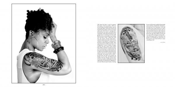 A black and white image in "Musical Ink" by Schiffer Publishing, Ltd. shows a woman in profile with bracelets and a detailed upper arm tattoo; the opposite page displays a close-up of the design and a block of text.