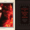 A spread from "Vampire Evolution" by Schiffer Publishing, Ltd.: the left page shows dark fiery art with a mysterious face; the right, titled Evolution of Vampires, Myths, and Legends, has ornate red text on black with quotes from vampire folklore and Dracula.