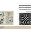 A page from Frances L. Goodrich’s Coverlet and Counterpane Drafts by Schiffer Publishing, Ltd. displays black-and-white weaving patterns, three antique textile samples featuring geometric designs reminiscent of Appalachian weaving drafts, and a blue-and-white woven fabric with a distorted grid pattern that echoes traditional overshot drafts.