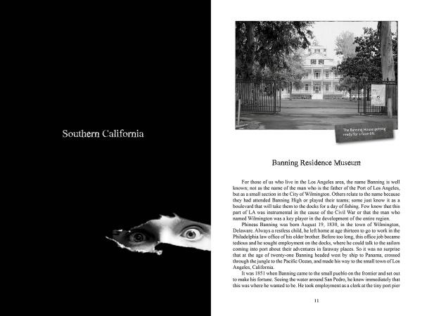 An open book from Schiffer Publishing’s "California's Historic Haunts": the left page is black with “Southern California” in white above an image of staring eyes; the right page shows a Banning Residence Museum photo and descriptive text.