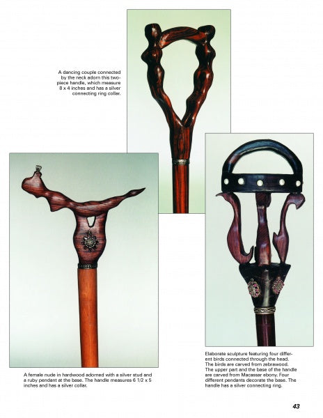A page from "Sculpting Cane Handles" by Schiffer Publishing, Ltd. displays three ornate wood handles: a curved dark top handle with ring collar, a female nude on the bottom left, and a decorative metal-accented handle on the right.