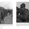 Two black-and-white photos from "Waffen-SS Tiger Crews at Kursk" by Schiffer Publishing, Ltd.: Left, soldiers in a trench with smoke; right, close-up of a helmeted soldier with weapon facing the camera.