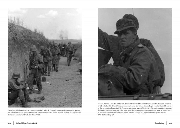 Two black-and-white photos from "Waffen-SS Tiger Crews at Kursk" by Schiffer Publishing, Ltd.: Left, soldiers in a trench with smoke; right, close-up of a helmeted soldier with weapon facing the camera.