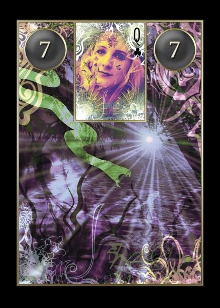 A mystical tarot-style card from the Lenormand Cartomancy deck by Schiffer Publishing, Ltd. features two gray circles with the number 7 and an ethereal woman's face at the center, framed by swirling green and purple floral designs.