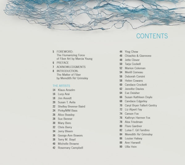The table of contents in Artistry in Fiber, Vol. 1 (Schiffer Publishing, Ltd.) lists sections like Foreword, Preface, and The Artists, featuring wall-mounted and contemporary fiber art, plus blue abstract line art at the top with page numbers.