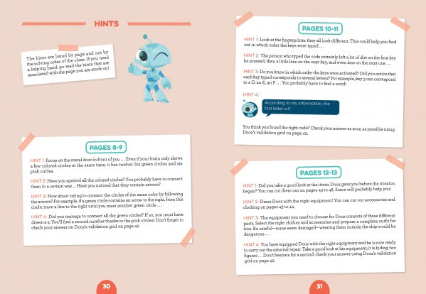 A page from Schiffer Publishing, Ltd.'s Escape Game Adventure: Trapped in Space displays four hint sections on a peach background. A blue alien points at hints on pages 30 and 31—ideal for fans building problem-solving skills.