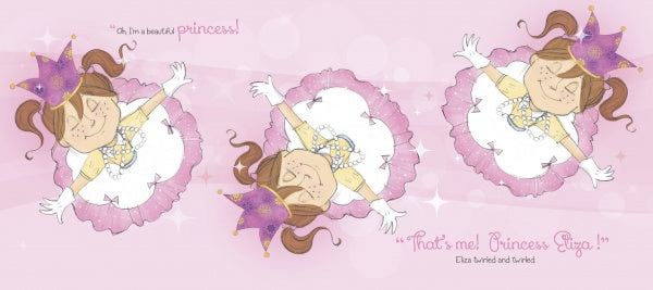 Three illustrations of a joyful young girl twirling in a purple crown and dress on a pink background from "I Am Not a Princess!" by Schiffer Publishing, Ltd.—a children's book celebrating self-identity.