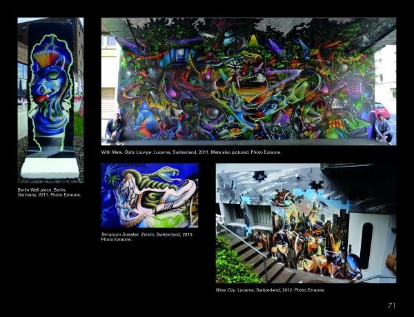 Discover vibrant street art murals in "100 European Graffiti Artists" by Schiffer Publishing, Ltd., showcasing colorful abstract designs, surreal creatures, and detailed graffiti from Germany and Switzerland on urban walls and buildings.