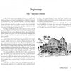 A page from Schiffer Publishing, Ltd.’s “In Every Season” displays two-column text and a black-and-white illustration of a spacious, two-story house with a porch and trees, capturing Martha’s Vineyard charm in the page’s lower right corner.