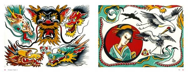 Left: Vibrant dragon and tiger heads with flowers evoke Japanese myths. Right: Geisha in kimono, cranes, waves, and rope—all in bold Japanese tattoo flash style from "Classic Flash 3" by Schiffer Publishing, Ltd.