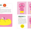 Two illustrated pages from "Little Box of Emotions" by Schiffer Publishing, Ltd.: Left—A yellow bird lies on its back with a red and white ball. Right—Four panels show a pink pig in yellow shorts teaching hand exercises for toddlers' emotions.