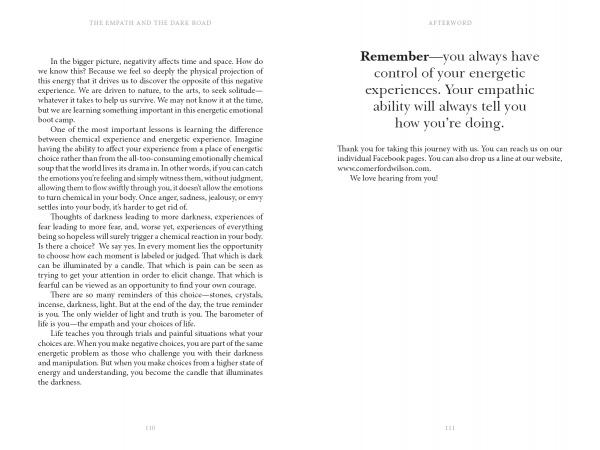 Two pages from "The Empath and the Dark Road" by Schiffer Publishing, Ltd.: The left explores empathy, negative energy, and understanding energetic experiences. The right has a bold "Remember" message on emotional control shaping one's energy.