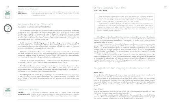 A two-page spread from The Psychic Workbook by Schiffer Publishing, Ltd. shows black text on white. The left page has sections like Create Your Package and tips to boost psychic awareness; the right features Play Outside Your Rut with paragraphs and a list.