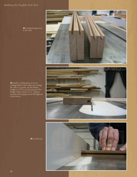 Three photos from "Building a Panel Bedroom Suite" by Schiffer Publishing, Ltd. show grooved wooden rails for a panel bed, a board cut on a table saw with ruler markings, and woodworking tools making a precise cut.