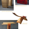 Four unique handcrafted furniture items: two light wood hampers, a red wooden chest, a sculptural curved table, and the "Bespoke" table by Schiffer Publishing, Ltd., featuring an angular top and geometric base.