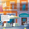 In Schiffer Publishing, Ltd.’s Escape Game Adventure: Operation Pizza, a cartoon robot faces an Italian restaurant labeled RISTORANTE, with tables and umbrellas outside. Pink pants hang above, and a speech bubble teases a locked door code challenge.