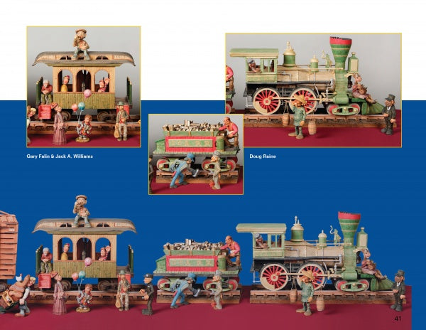 Carving an 1880s Western Train" by Schiffer Publishing, Ltd. features vintage train woodcarving with detailed figurines—passengers, workers, and a conductor—on a blue and red background, with three insets highlighting train and figure details.