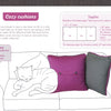 Illustration of a white cat sleeping on a sofa with two handmade cushions—one purple with buttons, one gray patterned. Features step-by-step cushion sewing instructions from The Little Guide to Mastering Your Sewing Machine by Schiffer Publishing, Ltd.