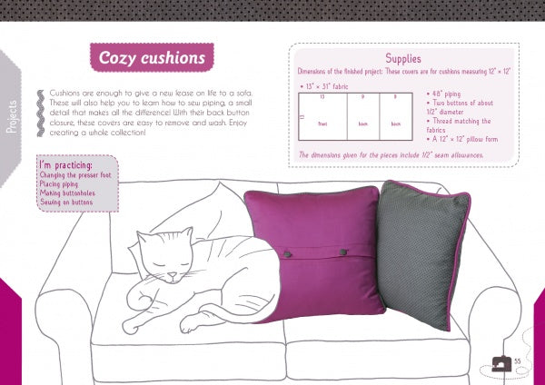 Illustration of a white cat sleeping on a sofa with two handmade cushions—one purple with buttons, one gray patterned. Features step-by-step cushion sewing instructions from The Little Guide to Mastering Your Sewing Machine by Schiffer Publishing, Ltd.