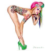 A woman with colorful hair, bold makeup, green high heels, and tattoos poses in a modern pin-up style, echoing Robert Alvarado’s work as featured in "Alvarado's Classic Modern Pin-ups" by Schiffer Publishing, Ltd.