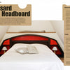 A bed from "The Great Book of Cardboard Furniture" by Schiffer Publishing, Ltd. features a geometric mansard-style headboard with red panels, dark wood trim, eco-friendly materials, and includes instructions in text panels.
