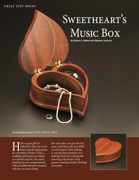The book "Home Woodworker Series: 14 Wooden Boxes You Can Make" by Schiffer Publishing, Ltd. offers step-by-step instructions and creative gift ideas for making beautiful wooden jewelry boxes, such as the heart-shaped music box shown open with jewelry inside.
