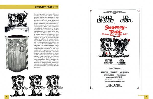 A two-page spread in Fraver by Design (Schiffer Publishing, Ltd.) showcases Sweeney Todd with sketches of screaming faces, a barber shop sign, a black-and-white poster by Frank “Fraver” Verlizzo, and bold red title with Lansbury and Cariou’s names.