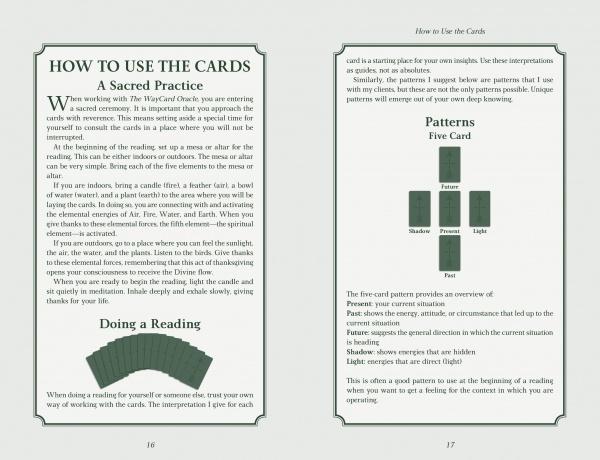 The WayCard Oracle by Schiffer Publishing, Ltd. includes two pages: the left offers oracle card reading instructions, while the right features a five-card spread—Future, Present, Shadow, Pattern, Light—with nature-inspired guidance.
