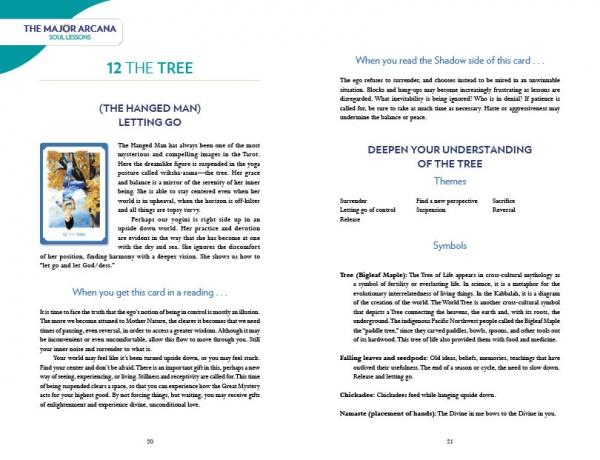 A two-page guidebook spread from the Gaian Tarot by Schiffer Publishing, Ltd. explains card 12, The Tree (The Hanged Man), covering its meanings, themes, symbols, and reading tips with blue headings and clear layout.