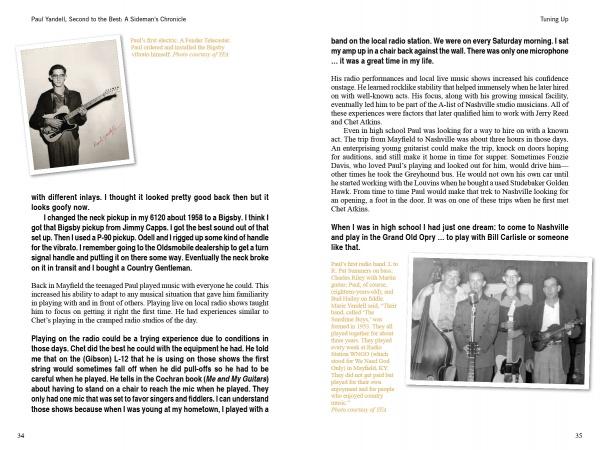 A two-page spread from "Paul Yandell, Second to the Best" by Schiffer Publishing, Ltd. features black-and-white photos of musicians with guitars and text about a country guitarist’s early career, performances, and influences like Chet Atkins and Paul Yandell.