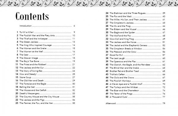 The table of contents page for "50 Famous Fables and Folk Tales" by Schiffer Publishing, Ltd. lists 50 fables with page numbers, features a "Contents" heading, and has a floral border suggesting the moral lessons inside.