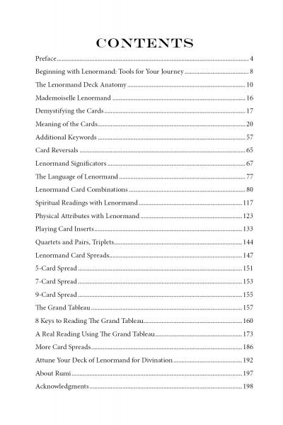 The Art of Lenormand Reading by Schiffer Publishing, Ltd. features a table of contents listing chapters on Lenormand cards, their meanings, the Grand Tableau, spreads, card combinations, reading techniques, and divination guidance.
