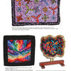Hooked Rugs Today IV by Schiffer Publishing, Ltd. features three fiber art pieces: a rectangular dragonfly rug, a square with vibrant swirls, and an irregular wavy design on a wooden stand.