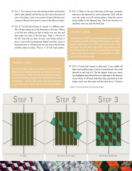 Hex Weave & Mad Weave by Schiffer Publishing, Ltd. offers a guide to triaxial weaving a diamond pattern, featuring three illustrated steps with green and teal strips on a grid and step-by-step text instructions above each image.