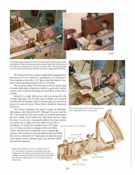 Close-up images show a woodworker using hand planes on a board, with an illustration of Stanley No. 55 parts. “Hand Planes in the Modern Shop” by Schiffer Publishing, Ltd. covers woodworking techniques and tips for restoring planes.